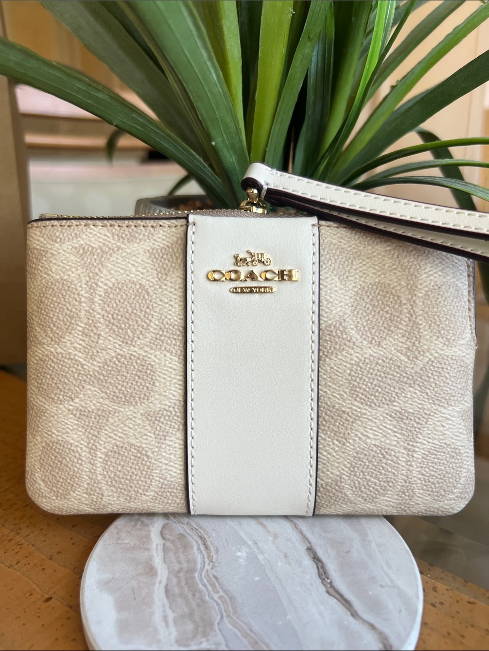 Coach Beige/Chalk Signature Stripe Wristlet - Coach New York